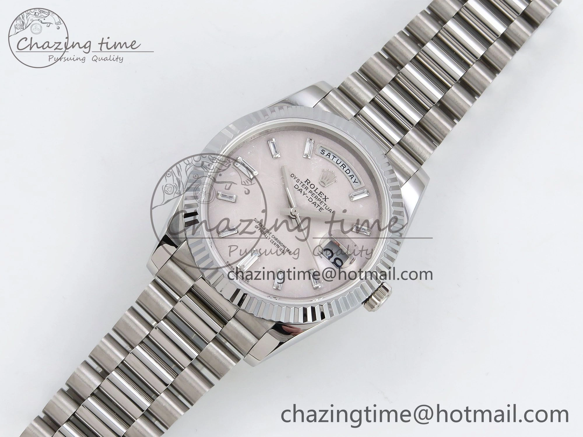 Snug DayDate 40 SS JDF 904L Steel Silver Moon Crystal Dial on President Bracelet VR3255 V3 (Gain Weight) 1428