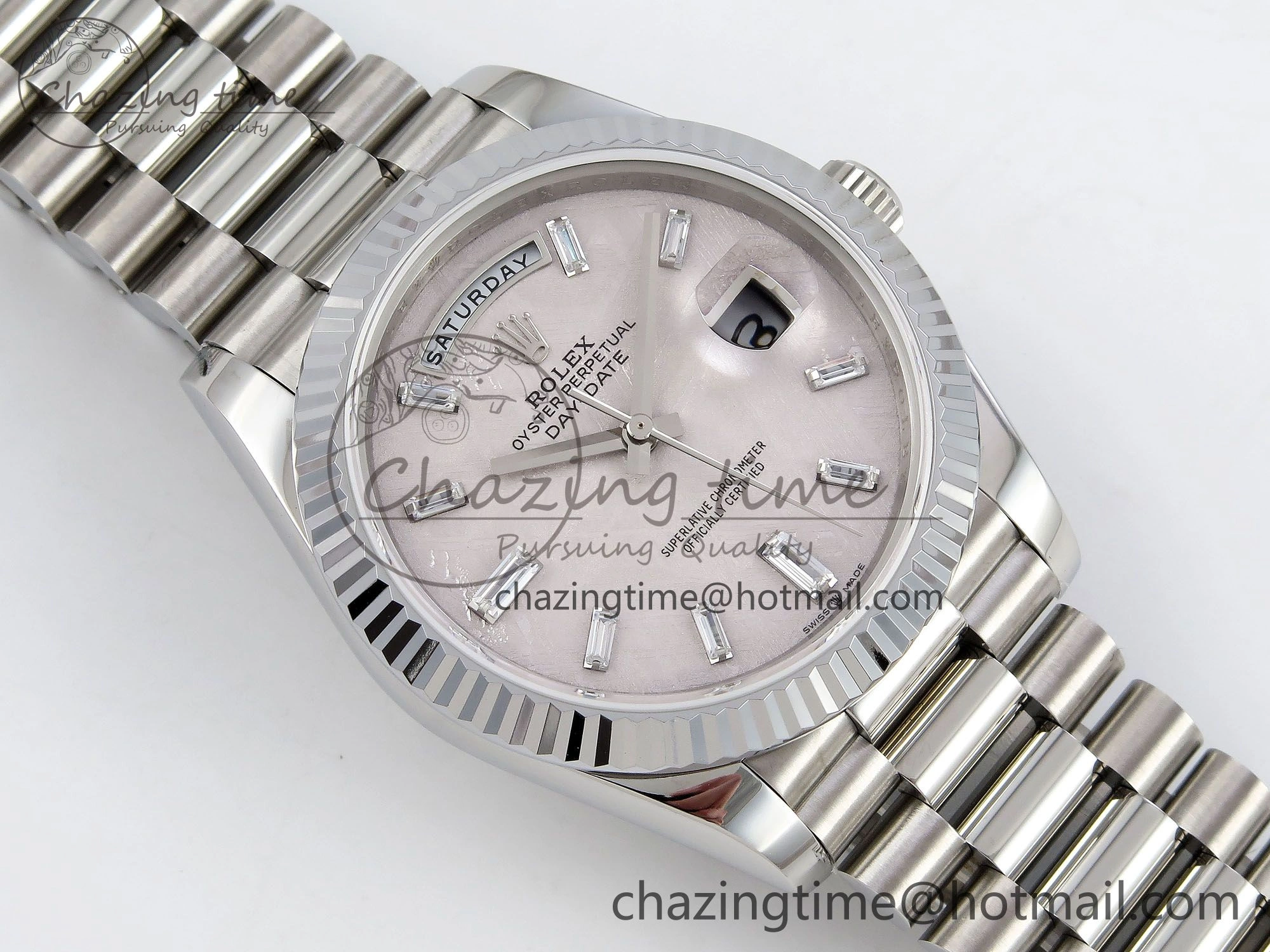 Snug DayDate 40 SS JDF 904L Steel Silver Moon Crystal Dial on President Bracelet VR3255 V3 (Gain Weight) 1428