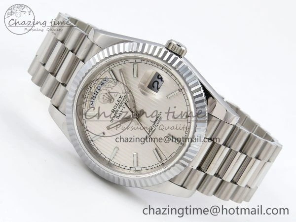 Chic DayDate 40 SS JDF 904L Steel Silver Textured Stick Dial on President Bracelet VR3255 V3 (Gain Weight) 1430