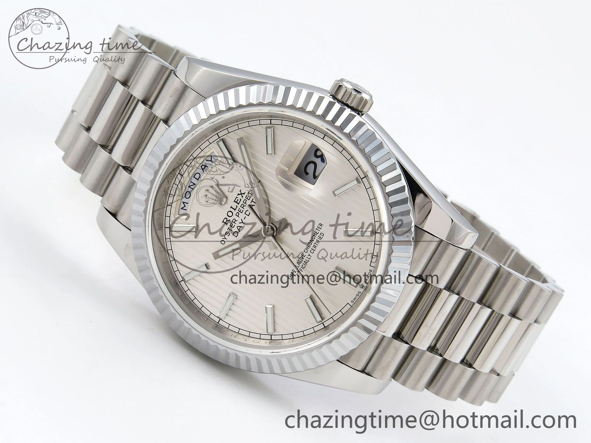 Chic DayDate 40 SS JDF 904L Steel Silver Textured Stick Dial on President Bracelet VR3255 V3 (Gain Weight) 1430