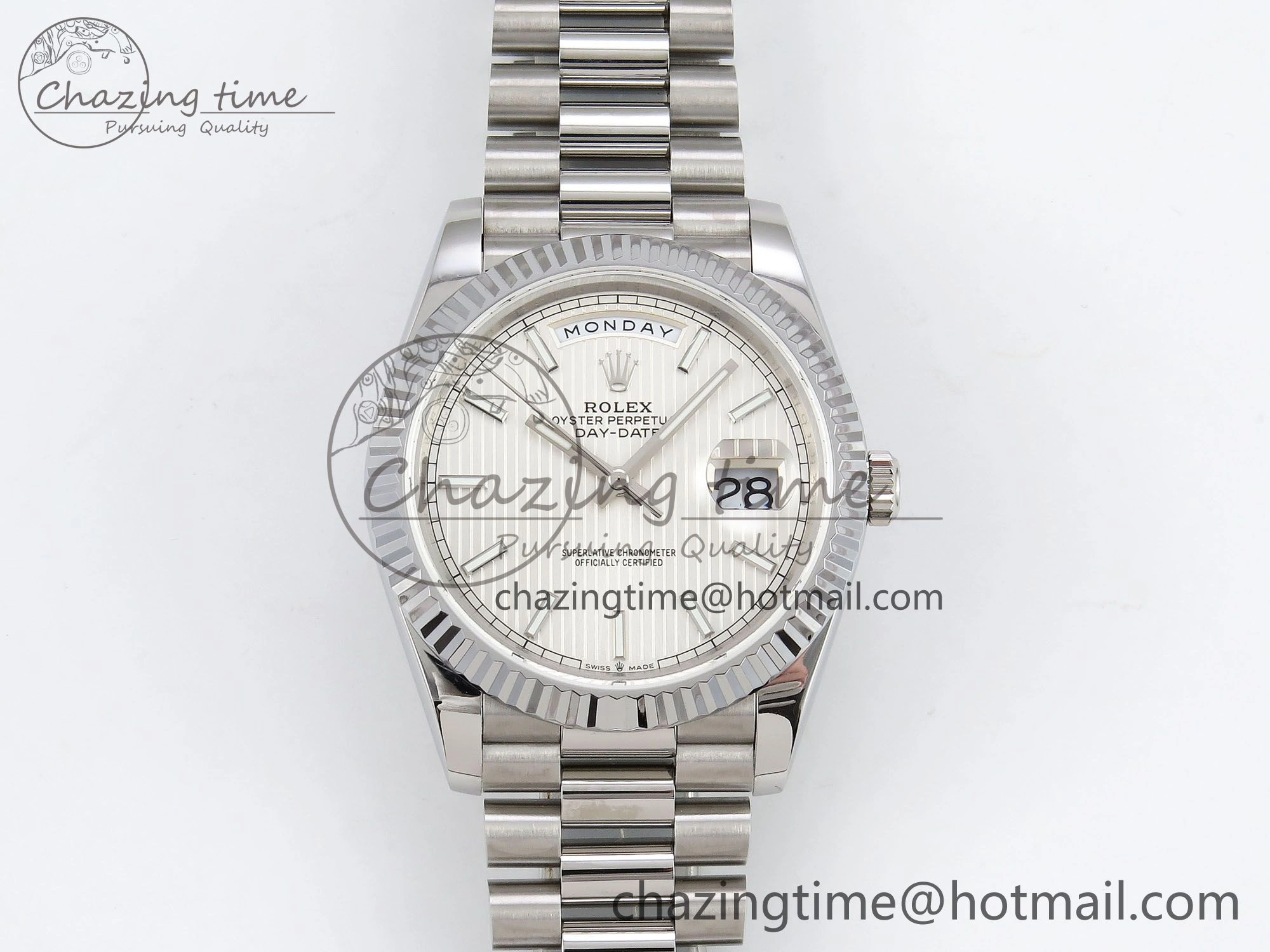 Chic DayDate 40 SS JDF 904L Steel Silver Textured Stick Dial on President Bracelet VR3255 V3 (Gain Weight) 1430