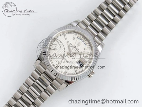 Chic DayDate 40 SS JDF 904L Steel Silver Textured Stick Dial on President Bracelet VR3255 V3 (Gain Weight) 1430