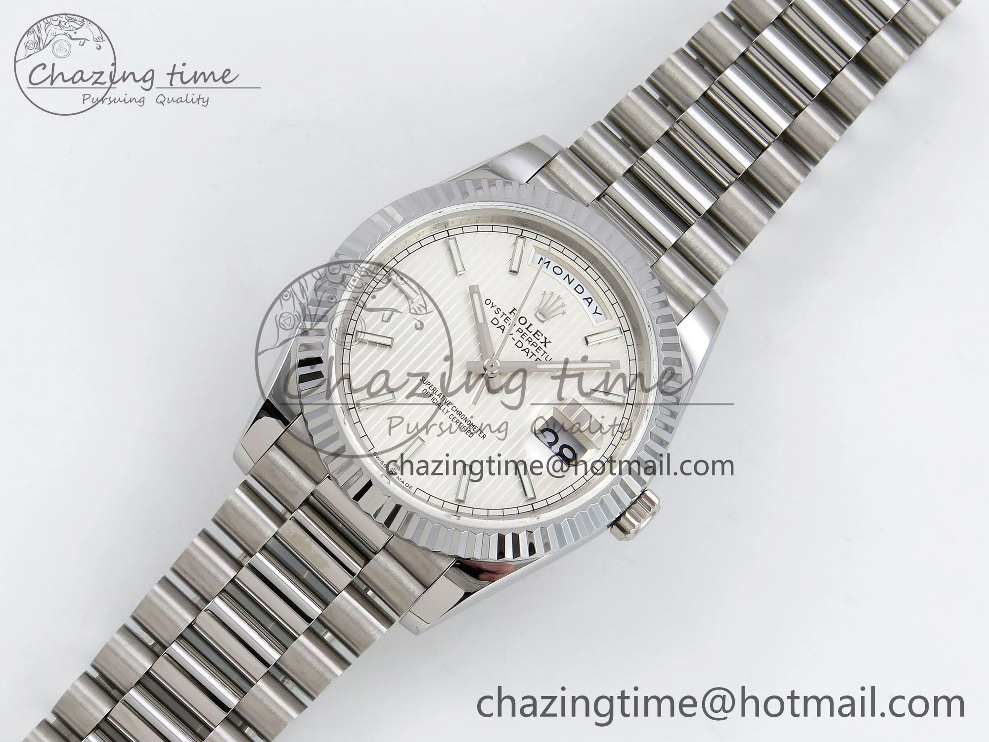 Chic DayDate 40 SS JDF 904L Steel Silver Textured Stick Dial on President Bracelet VR3255 V3 (Gain Weight) 1430