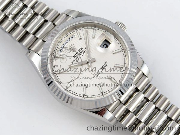 Chic DayDate 40 SS JDF 904L Steel Silver Textured Stick Dial on President Bracelet VR3255 V3 (Gain Weight) 1430