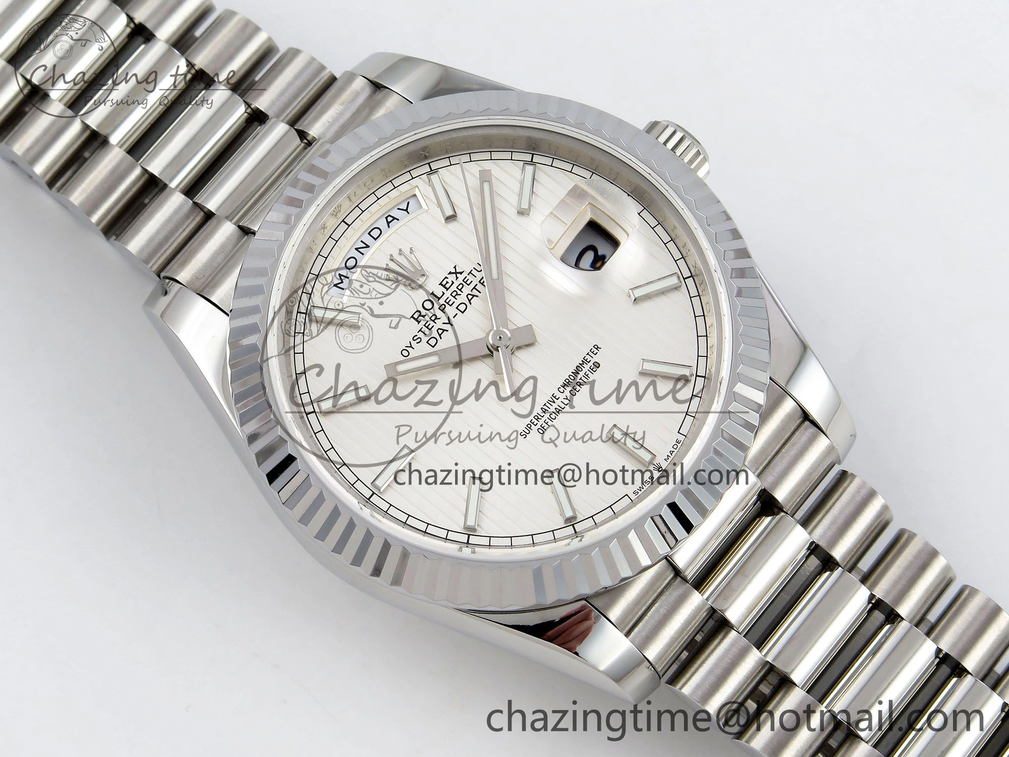 Chic DayDate 40 SS JDF 904L Steel Silver Textured Stick Dial on President Bracelet VR3255 V3 (Gain Weight) 1430
