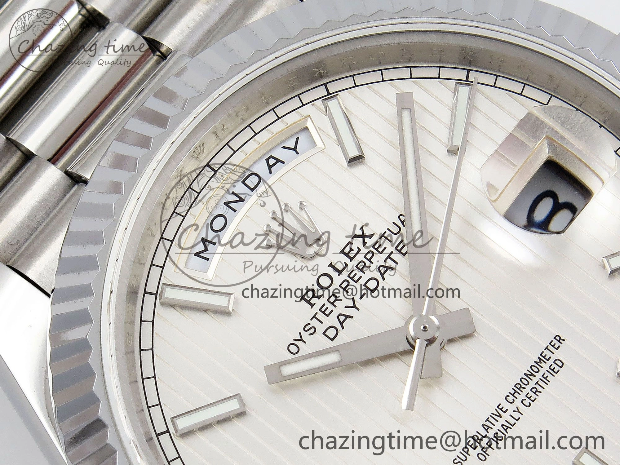 Chic DayDate 40 SS JDF 904L Steel Silver Textured Stick Dial on President Bracelet VR3255 V3 (Gain Weight) 1430