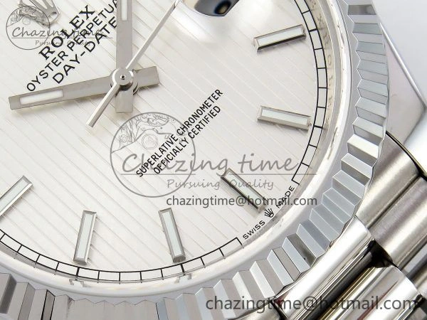 Chic DayDate 40 SS JDF 904L Steel Silver Textured Stick Dial on President Bracelet VR3255 V3 (Gain Weight) 1430