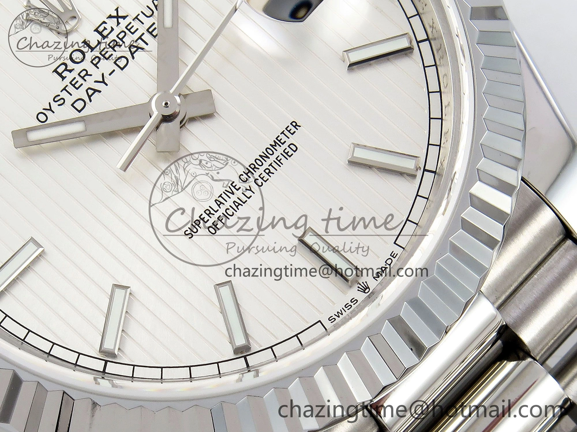 Chic DayDate 40 SS JDF 904L Steel Silver Textured Stick Dial on President Bracelet VR3255 V3 (Gain Weight) 1430