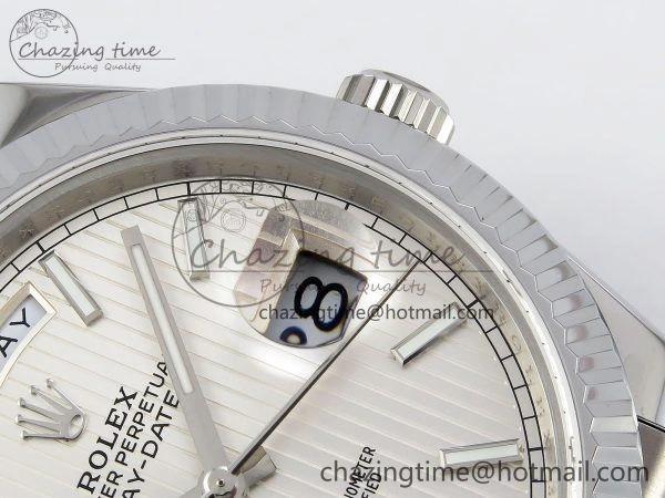 Chic DayDate 40 SS JDF 904L Steel Silver Textured Stick Dial on President Bracelet VR3255 V3 (Gain Weight) 1430