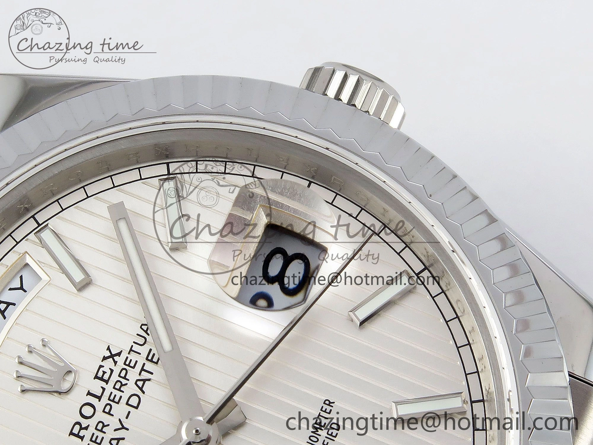 Chic DayDate 40 SS JDF 904L Steel Silver Textured Stick Dial on President Bracelet VR3255 V3 (Gain Weight) 1430