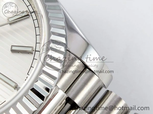 Chic DayDate 40 SS JDF 904L Steel Silver Textured Stick Dial on President Bracelet VR3255 V3 (Gain Weight) 1430