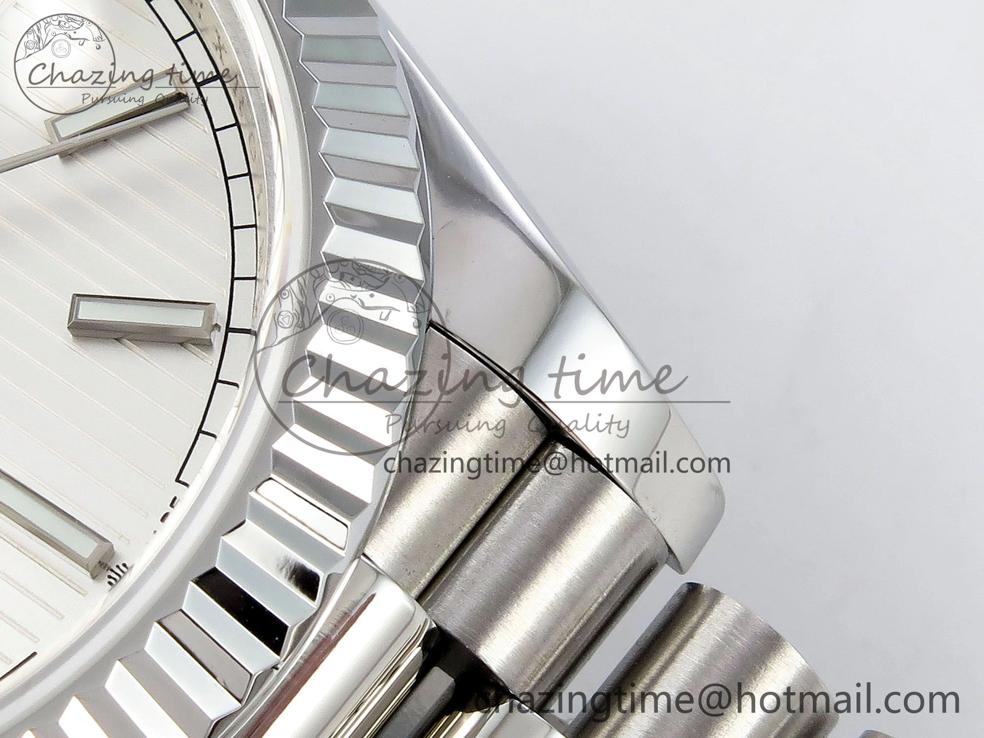 Chic DayDate 40 SS JDF 904L Steel Silver Textured Stick Dial on President Bracelet VR3255 V3 (Gain Weight) 1430