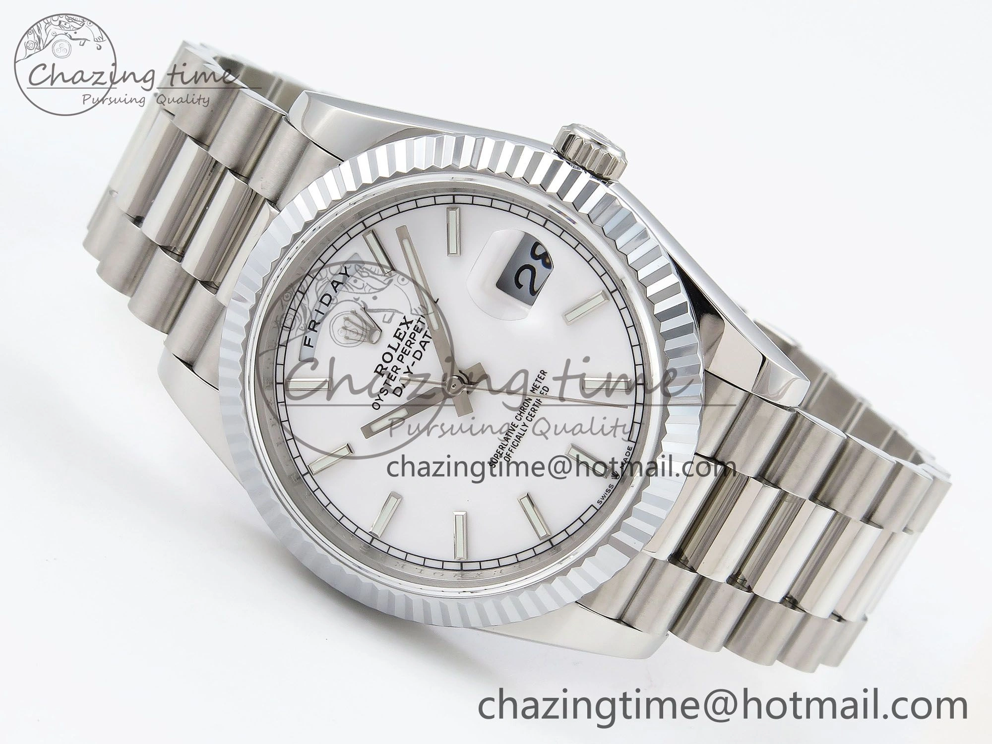 EasyCare DayDate 40 SS JDF 904L Steel White Stick Dial on President Bracelet VR3255 V3 (Gain Weight) 1429