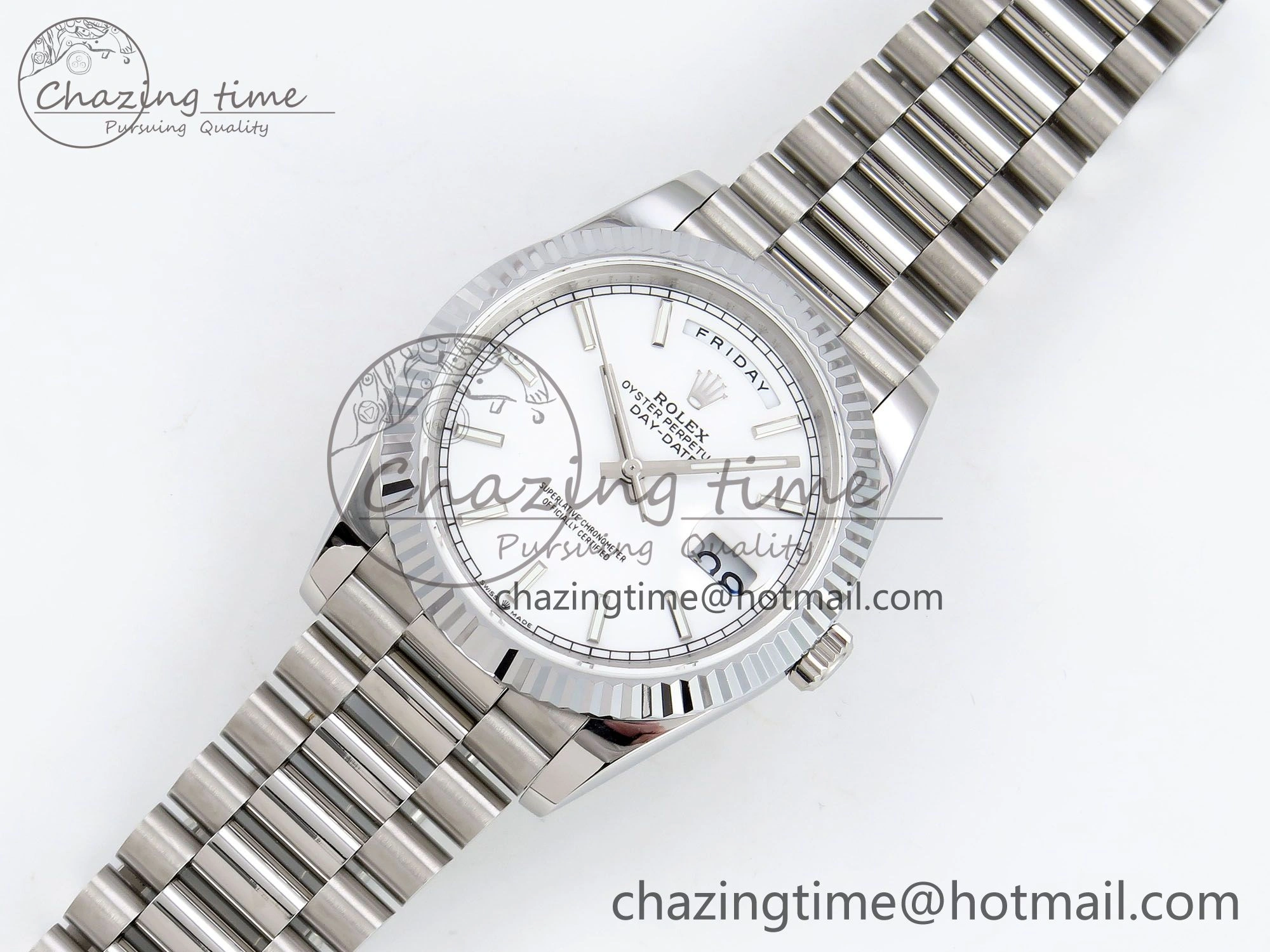 EasyCare DayDate 40 SS JDF 904L Steel White Stick Dial on President Bracelet VR3255 V3 (Gain Weight) 1429