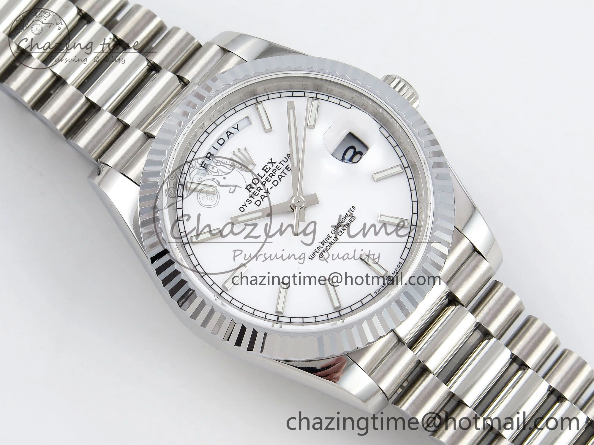EasyCare DayDate 40 SS JDF 904L Steel White Stick Dial on President Bracelet VR3255 V3 (Gain Weight) 1429