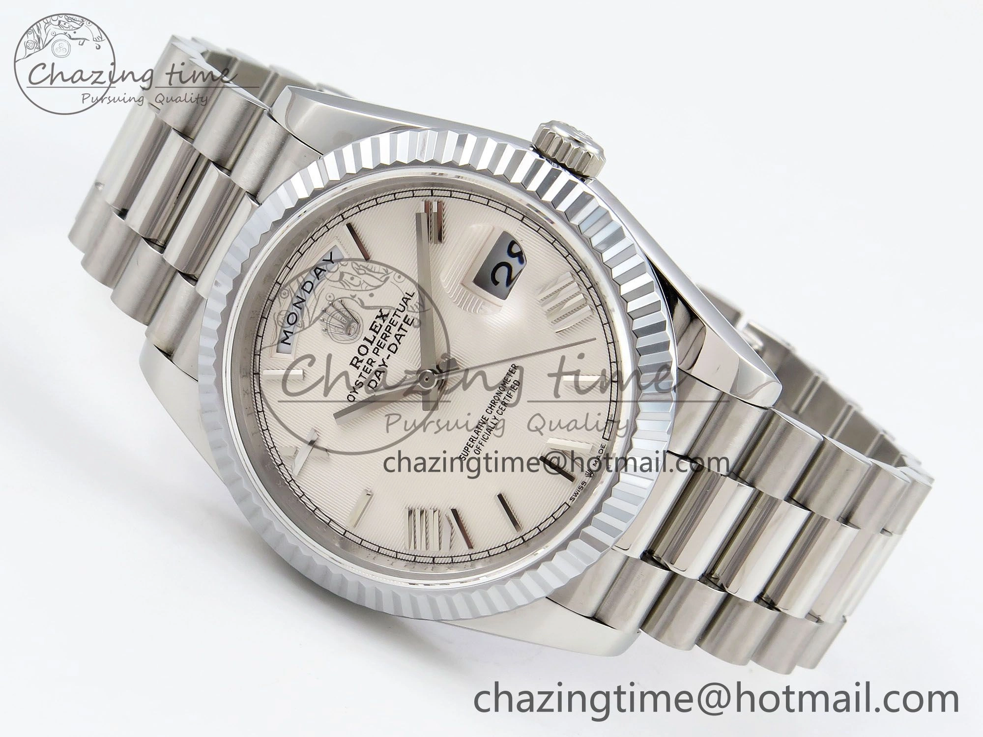 DayDate 40 SS JDF 904L Steel White Textured Roman Dial on President Bracelet VR3255 V3 (Gain Weight) MoistureWicking 1438