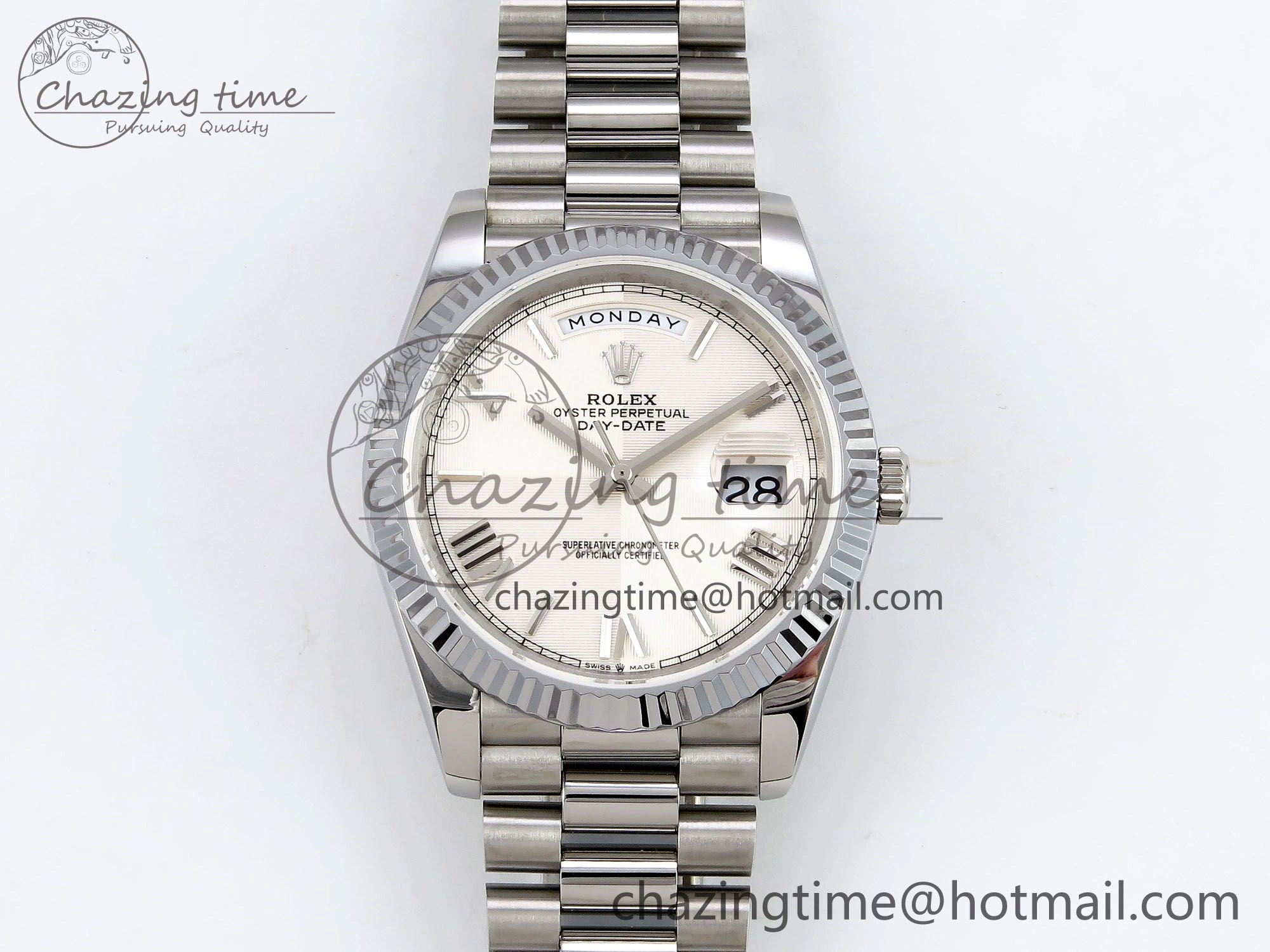 DayDate 40 SS JDF 904L Steel White Textured Roman Dial on President Bracelet VR3255 V3 (Gain Weight) MoistureWicking 1438