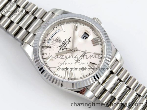 DayDate 40 SS JDF 904L Steel White Textured Roman Dial on President Bracelet VR3255 V3 (Gain Weight) MoistureWicking 1438