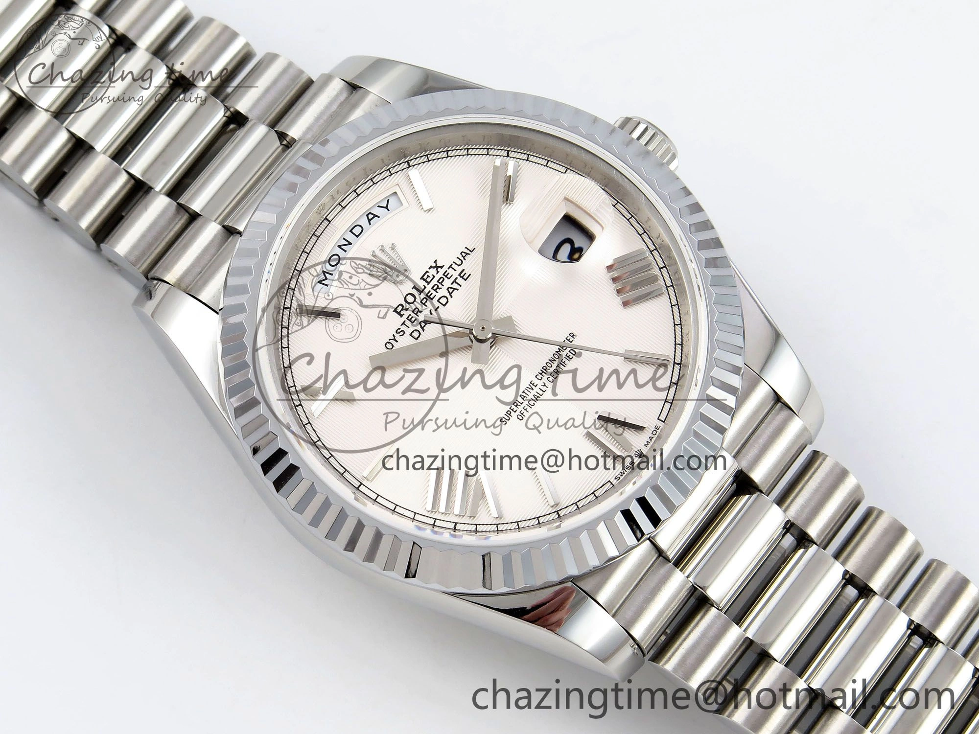 DayDate 40 SS JDF 904L Steel White Textured Roman Dial on President Bracelet VR3255 V3 (Gain Weight) MoistureWicking 1438