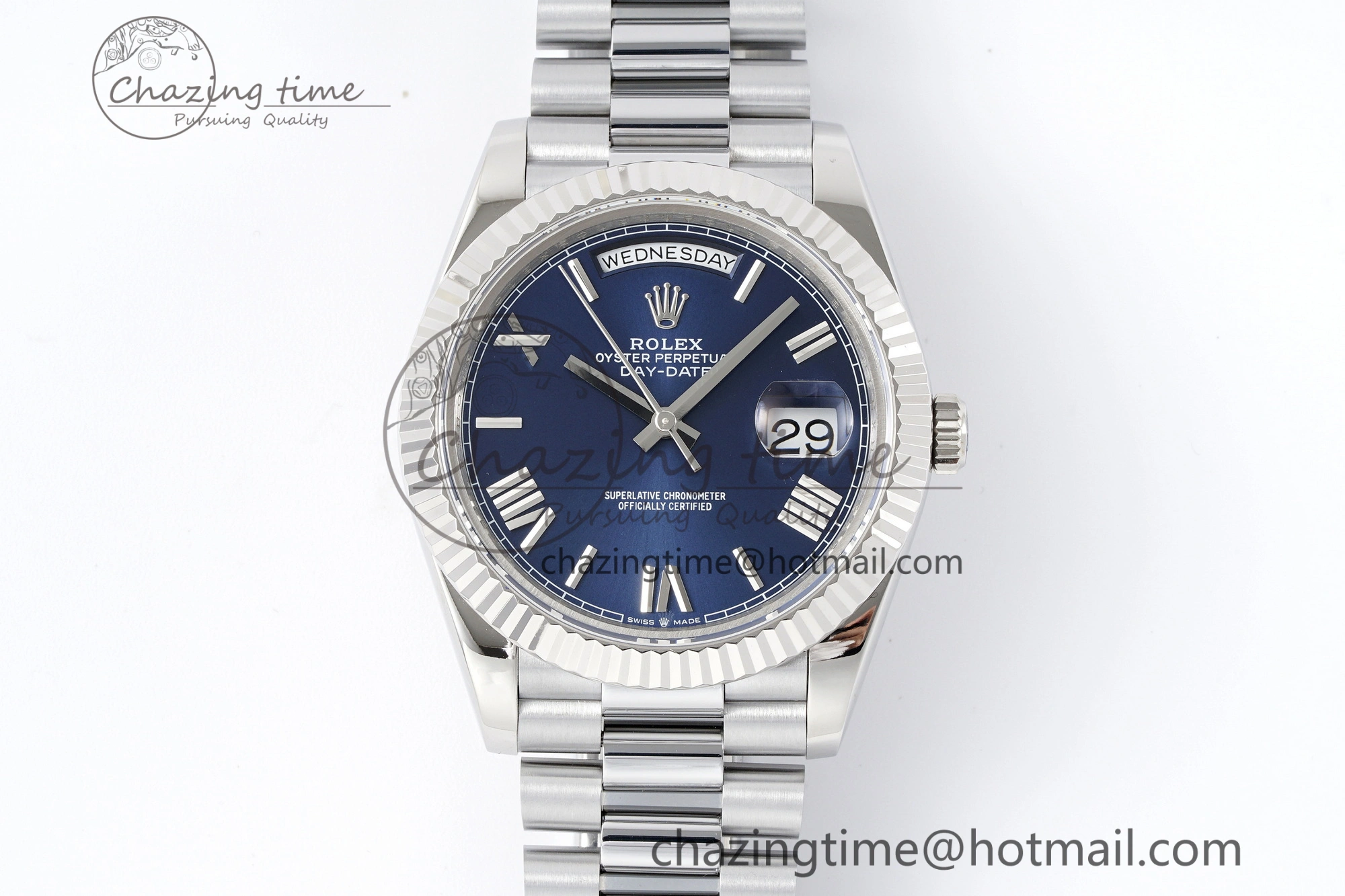 DayDate 40 SS JDF Gain Weight 904L Steel Blue Dial Roman Markers on President Bracelet A2836 V TopPick 1815