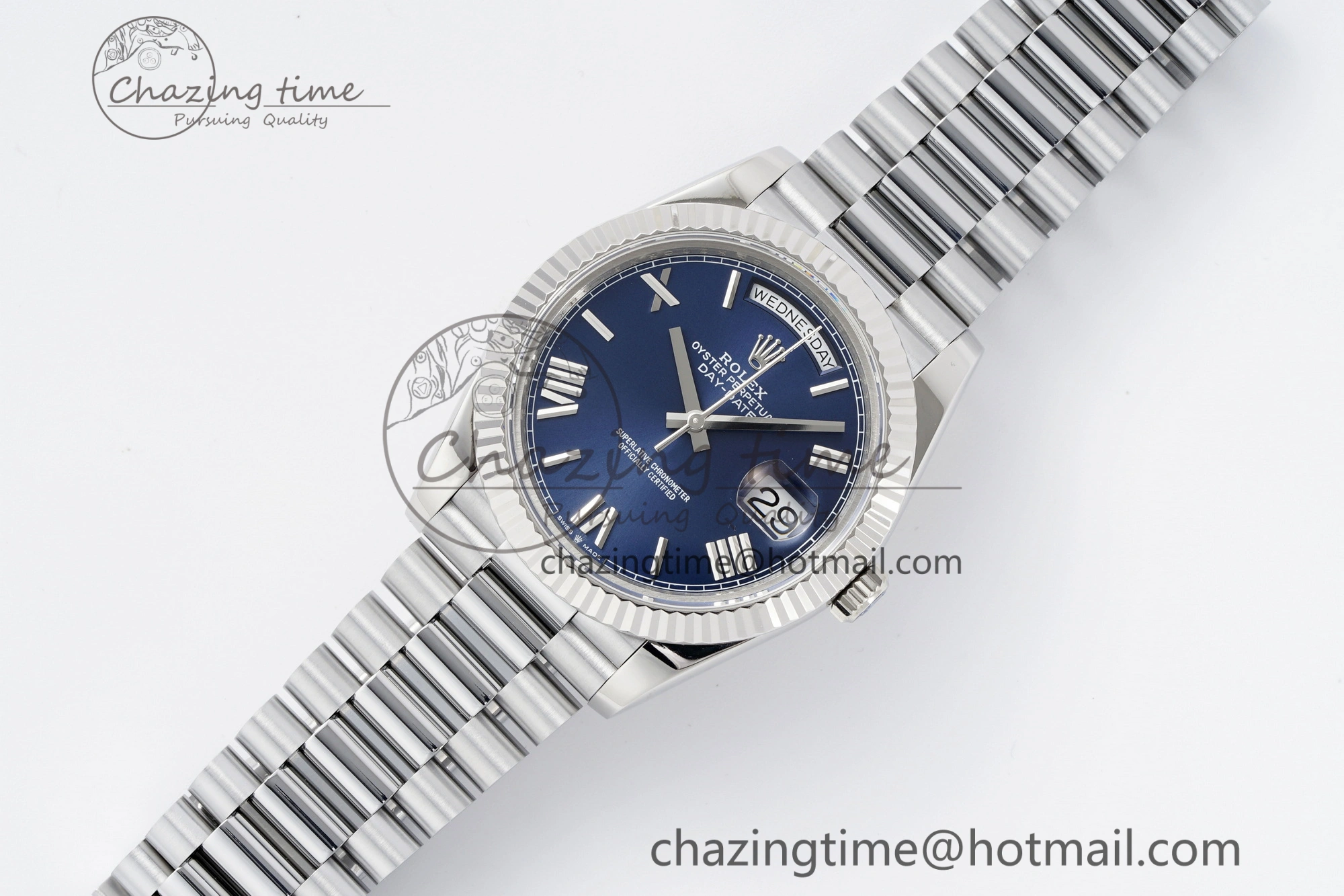 DayDate 40 SS JDF Gain Weight 904L Steel Blue Dial Roman Markers on President Bracelet A2836 V TopPick 1815