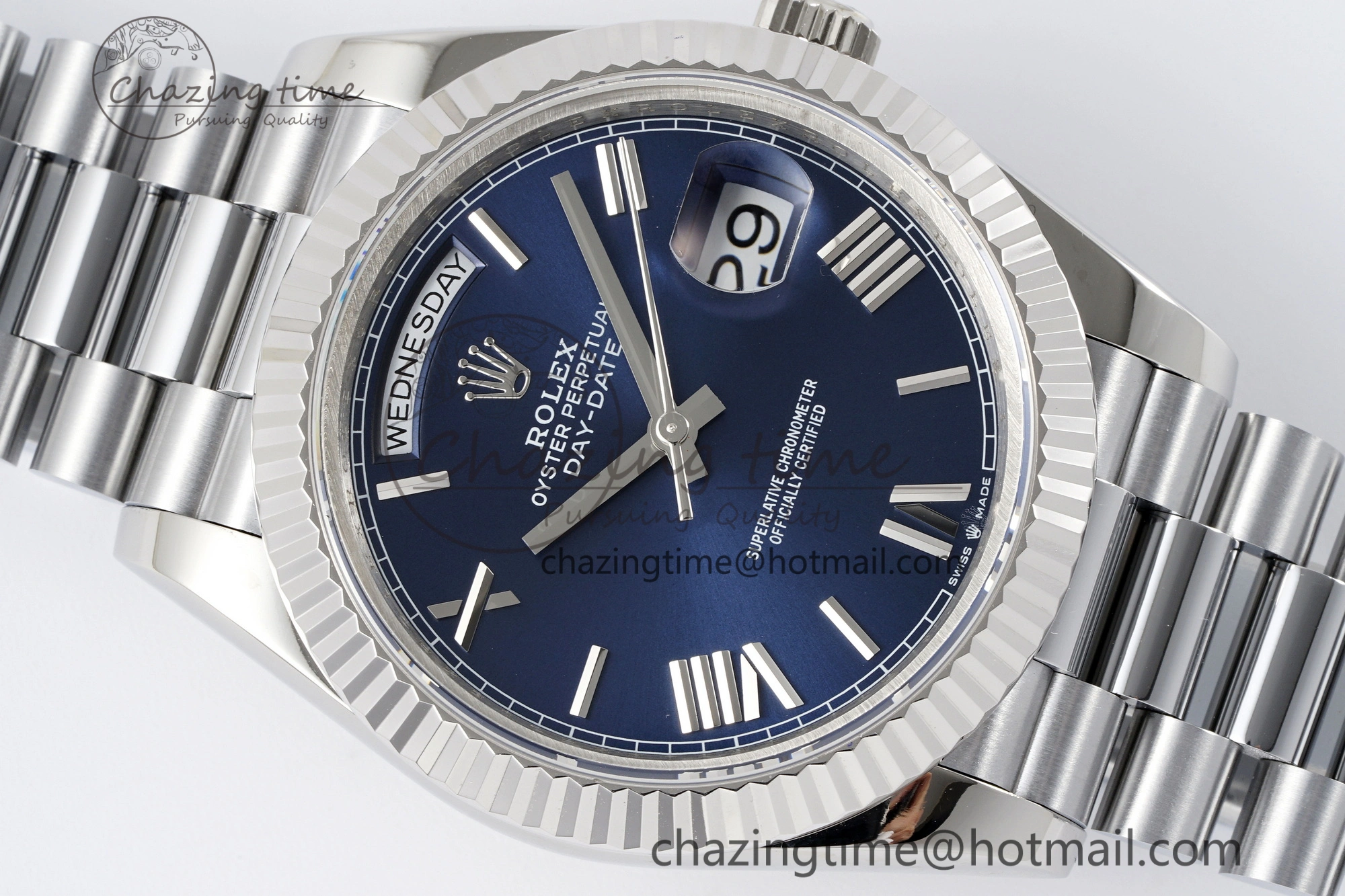 DayDate 40 SS JDF Gain Weight 904L Steel Blue Dial Roman Markers on President Bracelet A2836 V TopPick 1815
