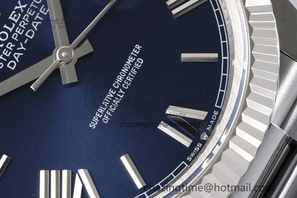DayDate 40 SS JDF Gain Weight 904L Steel Blue Dial Roman Markers on President Bracelet A2836 V TopPick 1815