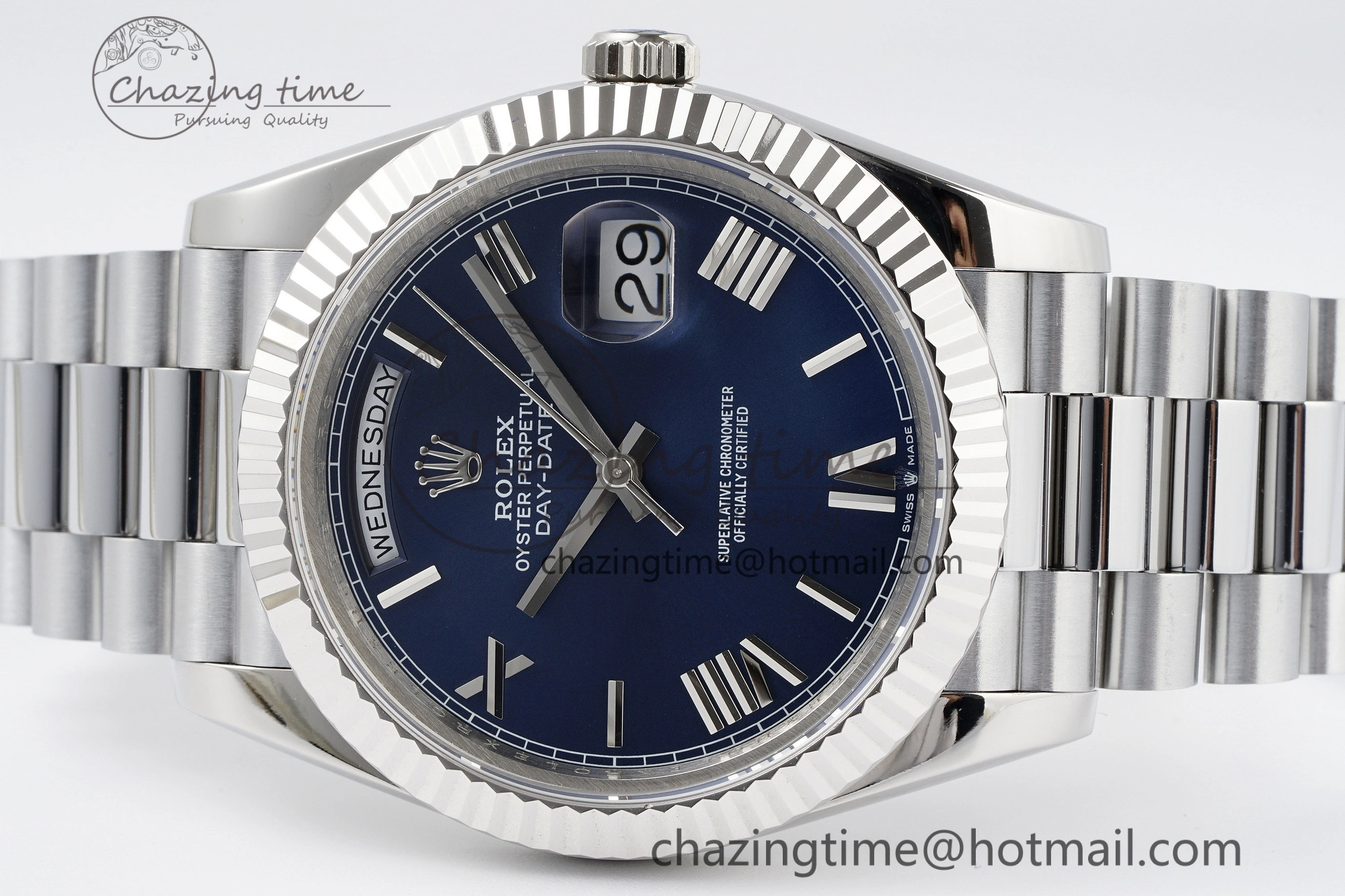 DayDate 40 SS JDF Gain Weight 904L Steel Blue Dial Roman Markers on President Bracelet A2836 V TopPick 1815