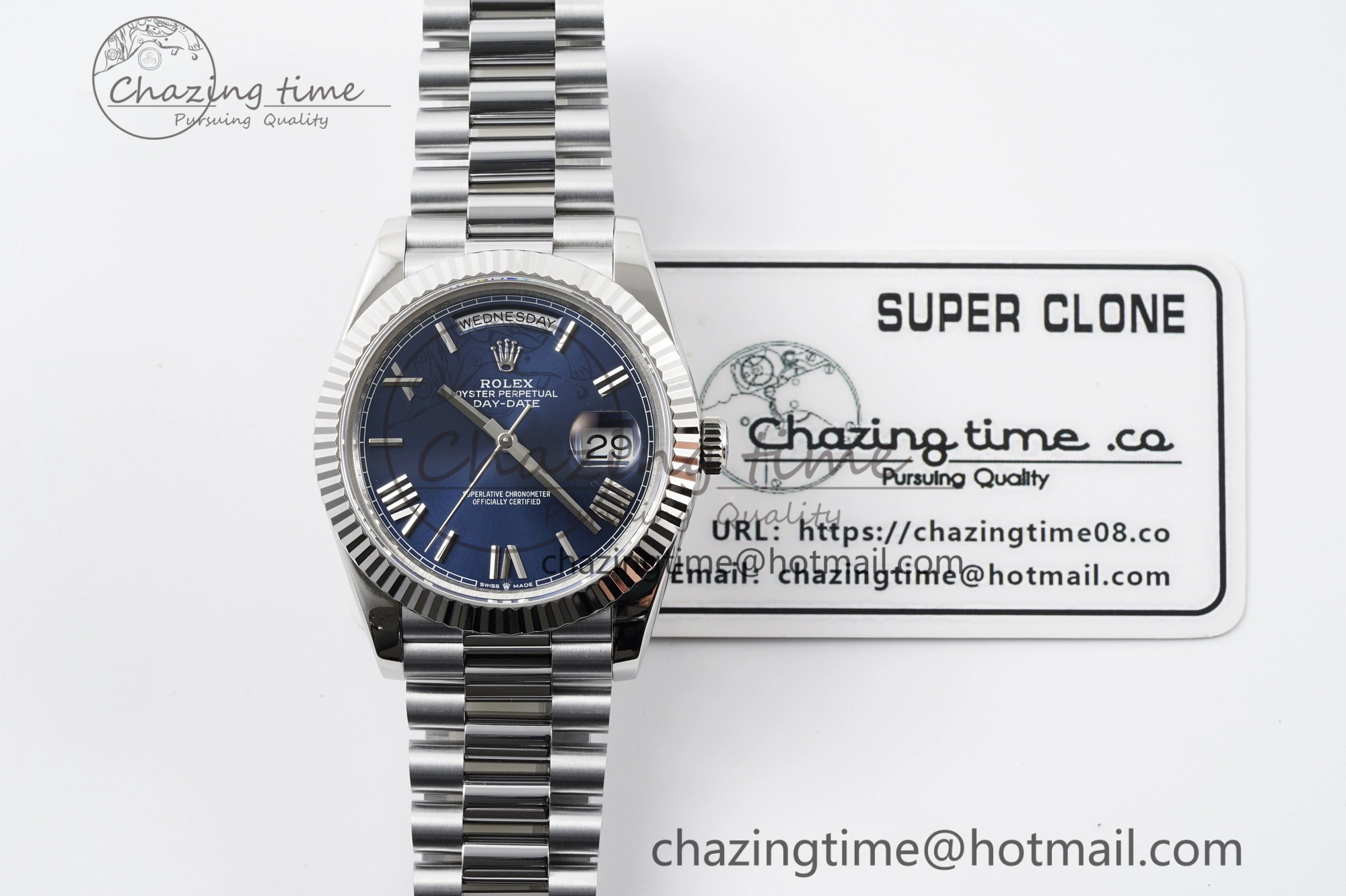 DayDate 40 SS JDF Gain Weight 904L Steel Blue Dial Roman Markers on President Bracelet A2836 V TopPick 1815