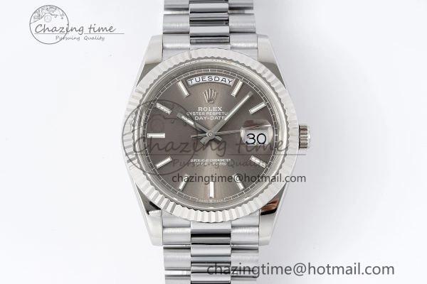 FlexibleFit DayDate 40 SS JDF Gain Weight 904L Steel Gray Dial Stick Markers on President Bracelet A2836 V 1820