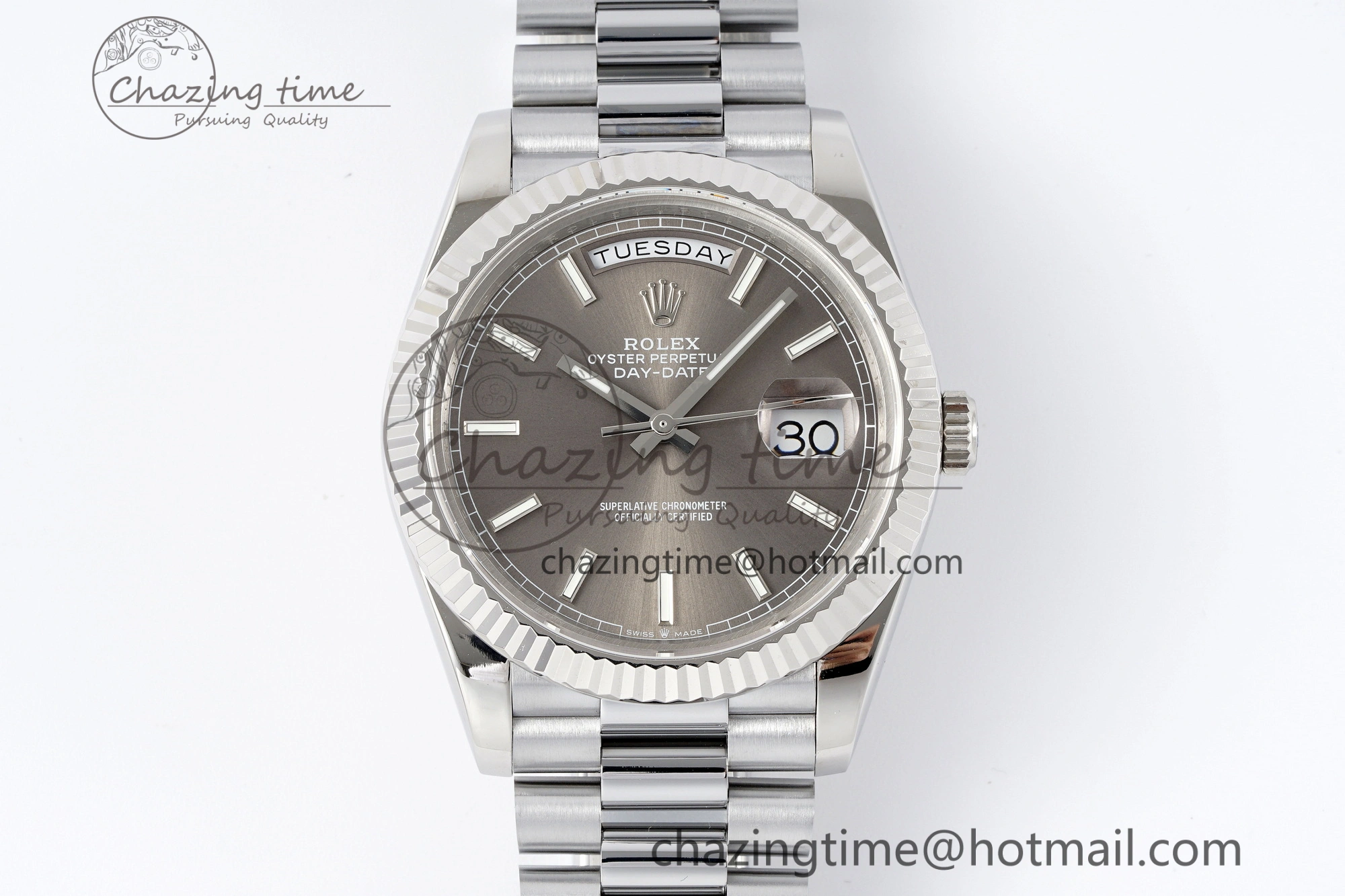 FlexibleFit DayDate 40 SS JDF Gain Weight 904L Steel Gray Dial Stick Markers on President Bracelet A2836 V 1820