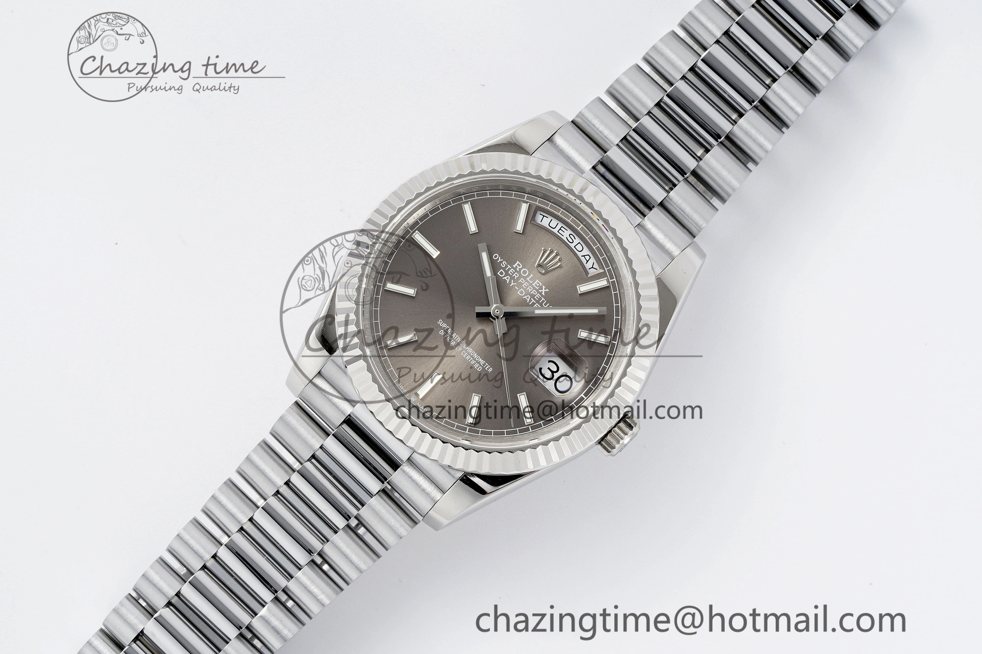 FlexibleFit DayDate 40 SS JDF Gain Weight 904L Steel Gray Dial Stick Markers on President Bracelet A2836 V 1820
