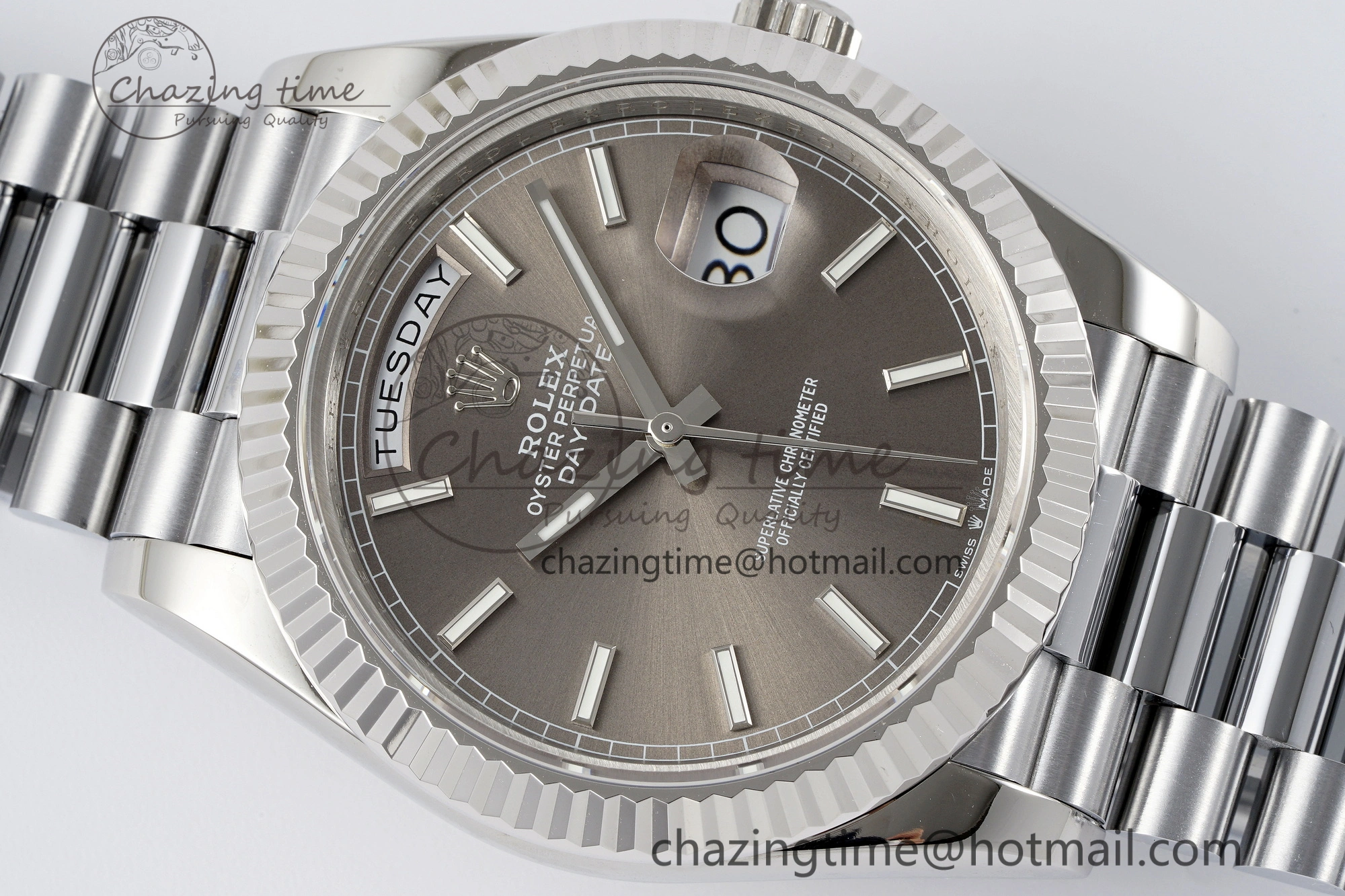 FlexibleFit DayDate 40 SS JDF Gain Weight 904L Steel Gray Dial Stick Markers on President Bracelet A2836 V 1820