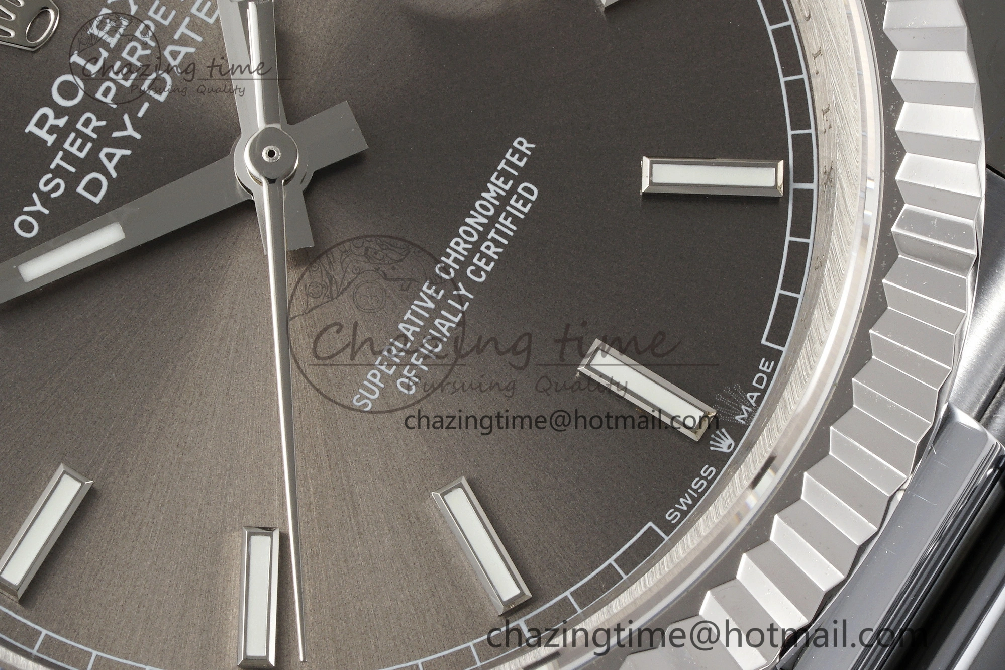 FlexibleFit DayDate 40 SS JDF Gain Weight 904L Steel Gray Dial Stick Markers on President Bracelet A2836 V 1820