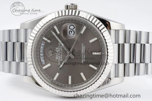FlexibleFit DayDate 40 SS JDF Gain Weight 904L Steel Gray Dial Stick Markers on President Bracelet A2836 V 1820