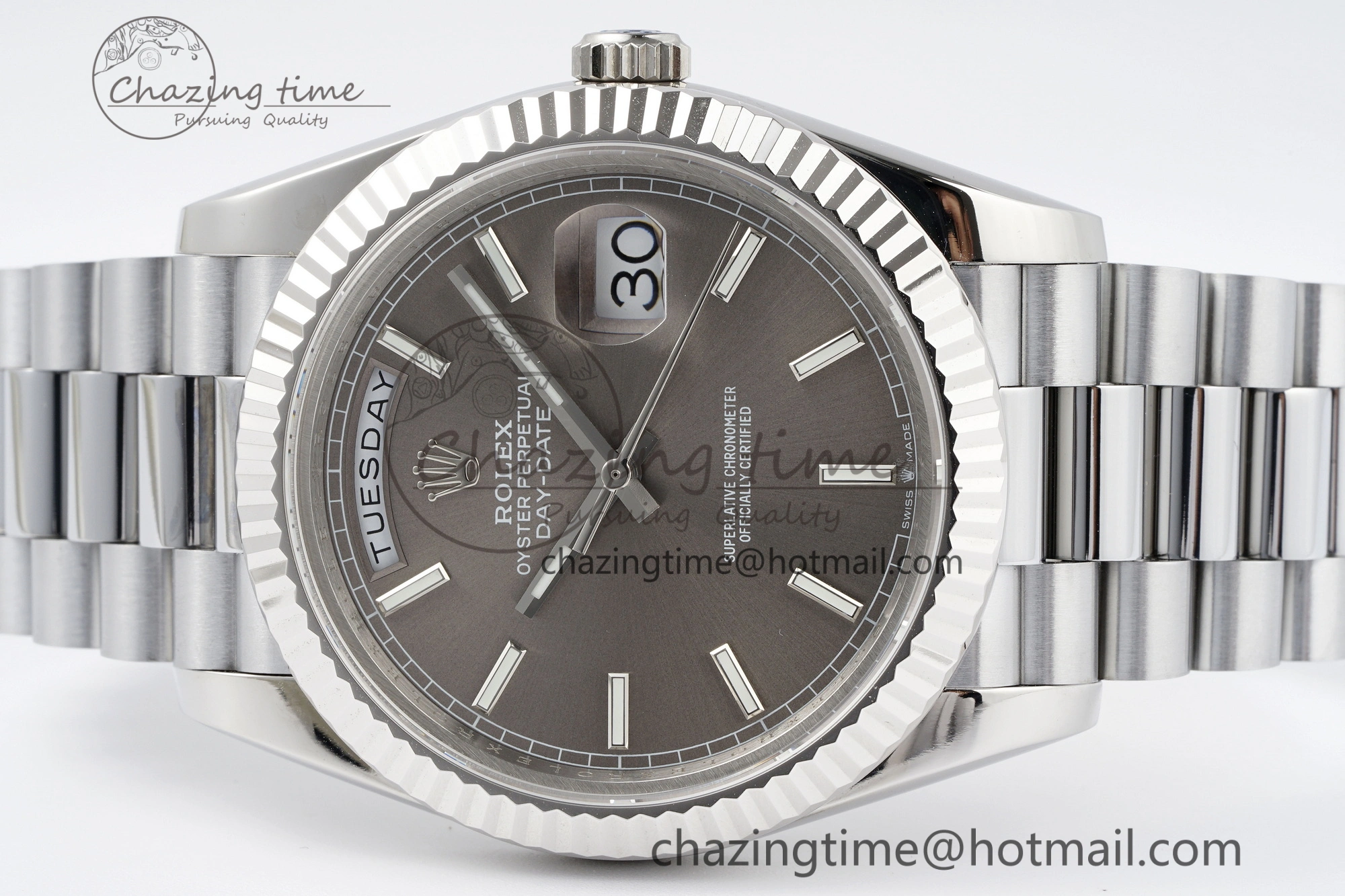 FlexibleFit DayDate 40 SS JDF Gain Weight 904L Steel Gray Dial Stick Markers on President Bracelet A2836 V 1820