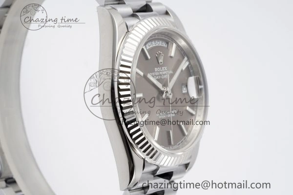 FlexibleFit DayDate 40 SS JDF Gain Weight 904L Steel Gray Dial Stick Markers on President Bracelet A2836 V 1820