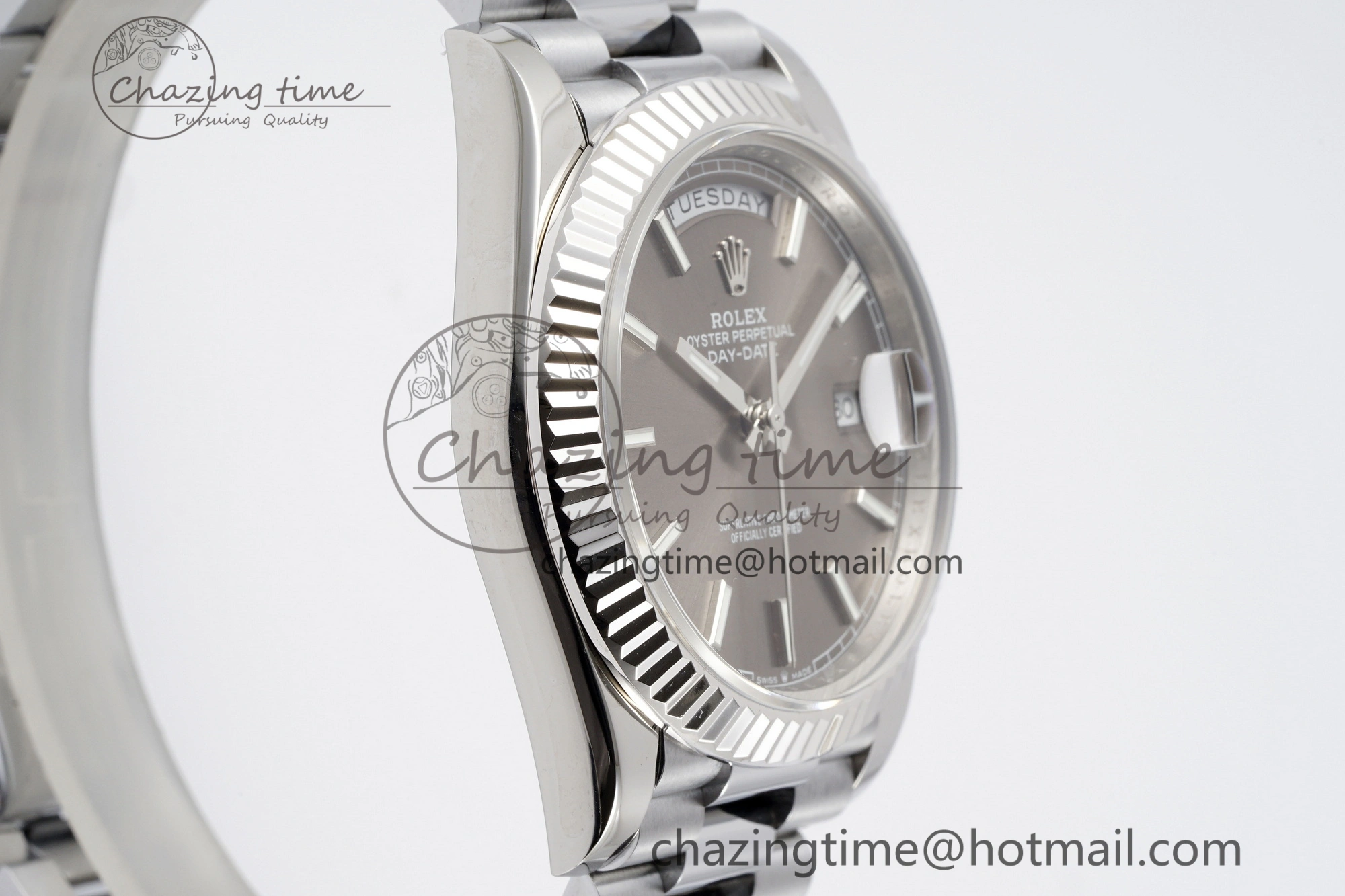 FlexibleFit DayDate 40 SS JDF Gain Weight 904L Steel Gray Dial Stick Markers on President Bracelet A2836 V 1820