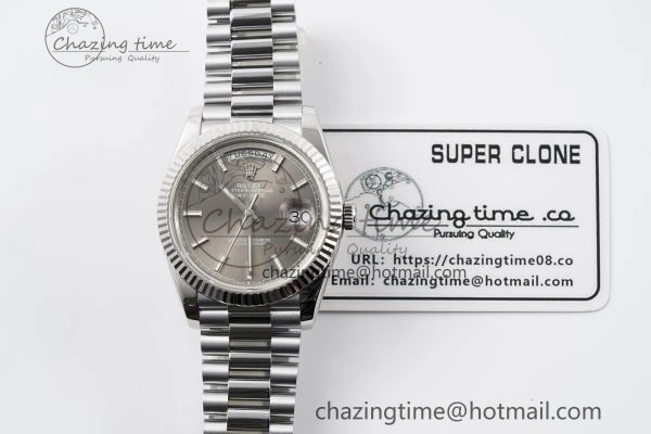 FlexibleFit DayDate 40 SS JDF Gain Weight 904L Steel Gray Dial Stick Markers on President Bracelet A2836 V 1820