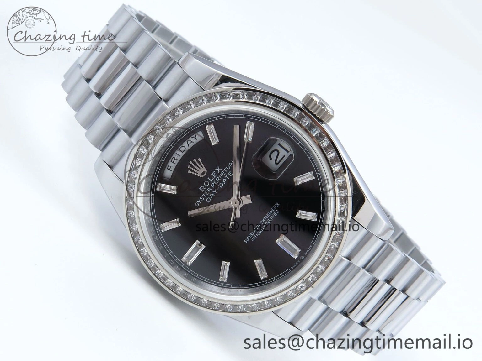 DayDate 40 SS QF 1:1 Best Edition Black Crystal Dial Diamonds Bezel on President Bracelet A2836 V5 (Gain Weight) Sporty 477