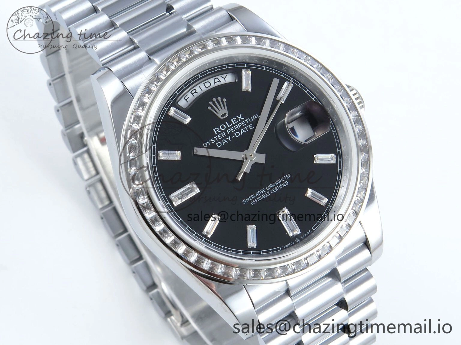 DayDate 40 SS QF 1:1 Best Edition Black Crystal Dial Diamonds Bezel on President Bracelet A2836 V5 (Gain Weight) Sporty 477