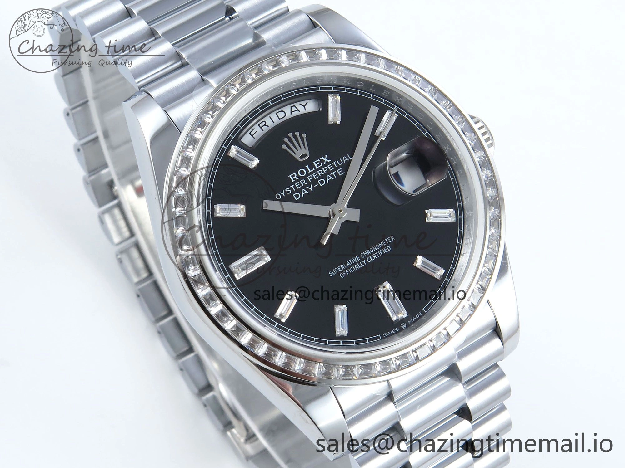 DayDate 40 SS QF 1:1 Best Edition Black Crystal Dial Diamonds Bezel on President Bracelet A2836 V5 (Gain Weight) Sporty 477