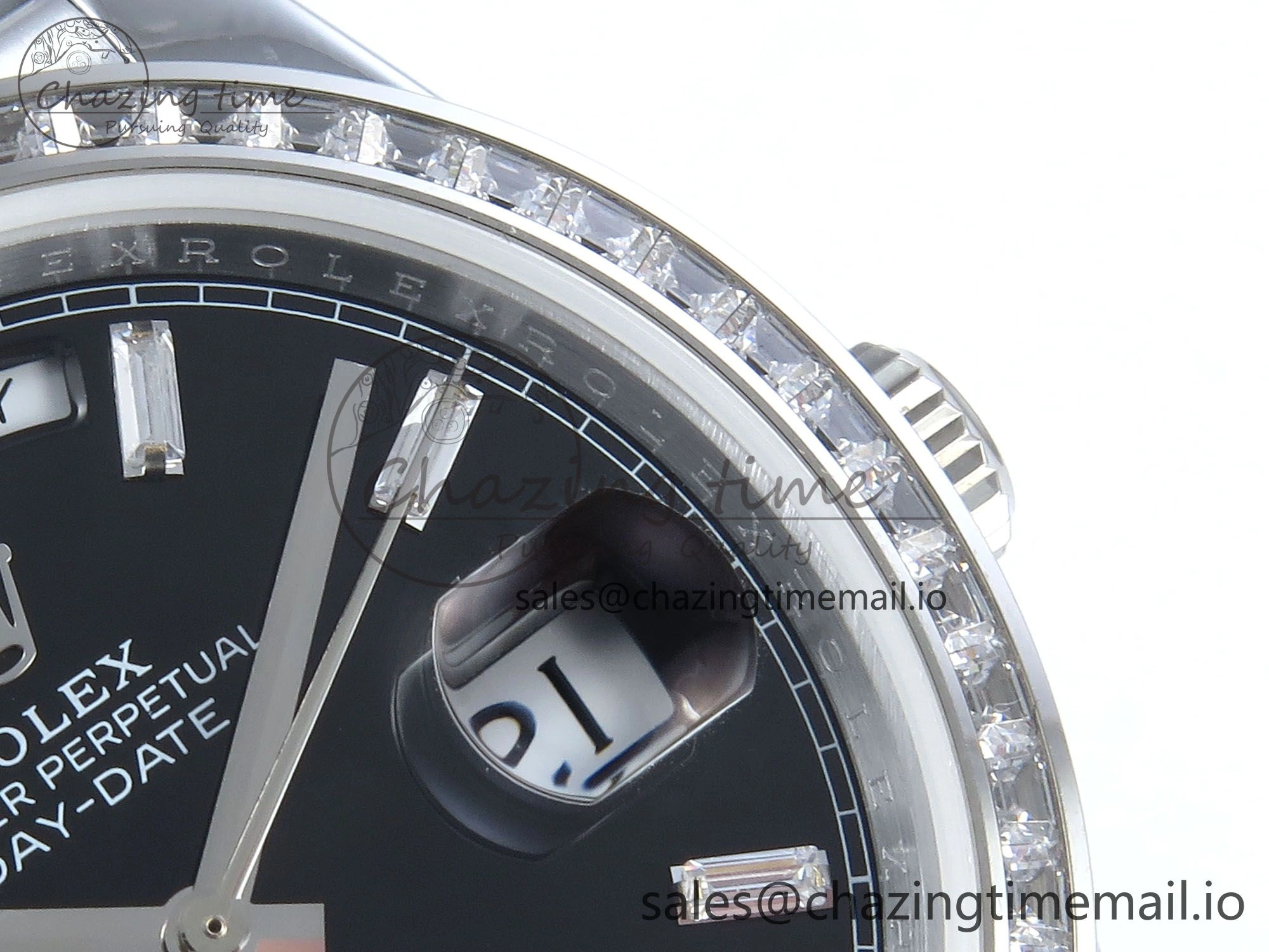 DayDate 40 SS QF 1:1 Best Edition Black Crystal Dial Diamonds Bezel on President Bracelet A2836 V5 (Gain Weight) Sporty 477