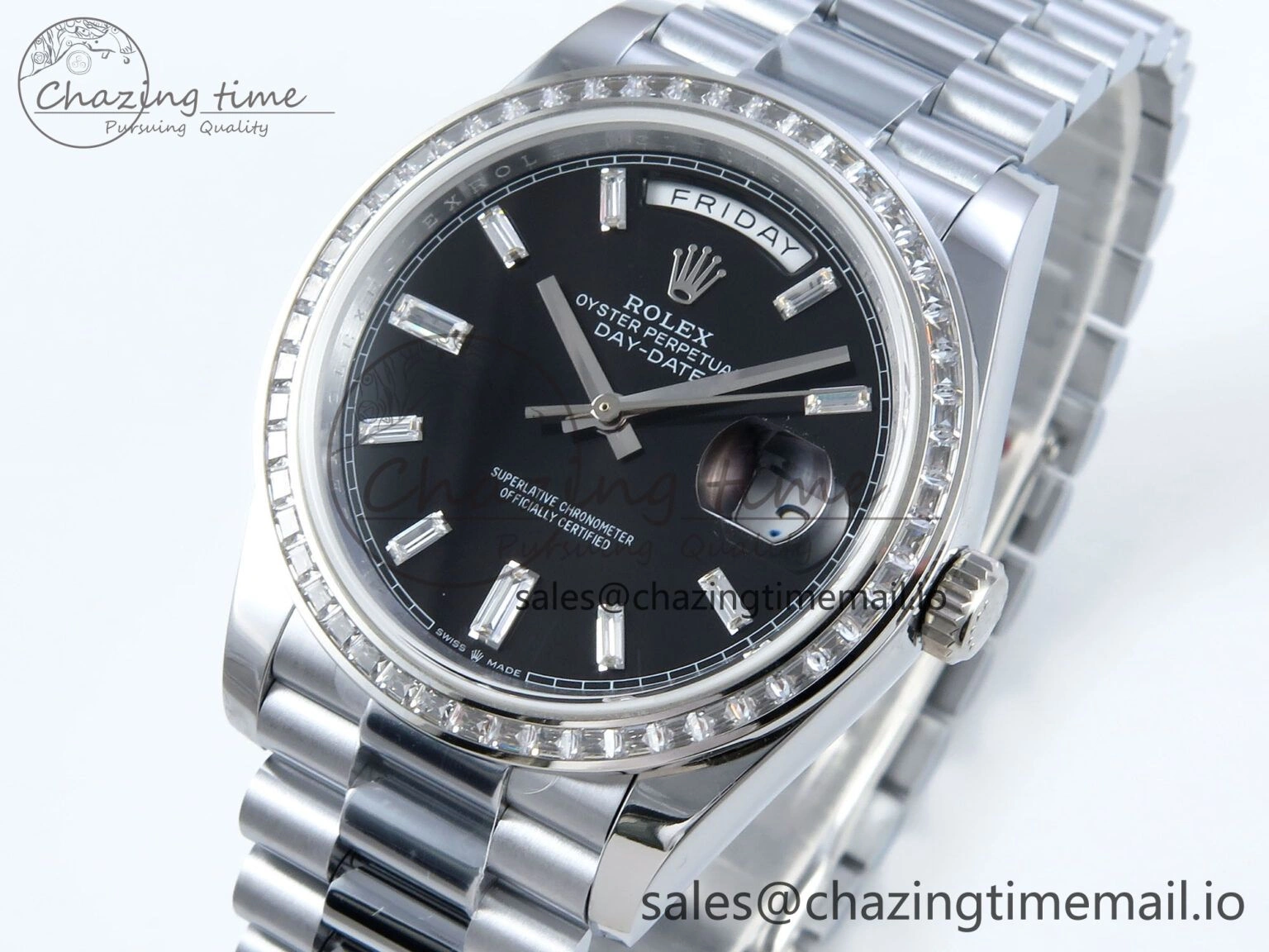 DayDate 40 SS QF 1:1 Best Edition Black Crystal Dial Diamonds Bezel on President Bracelet A2836 V5 (Gain Weight) Sporty 477