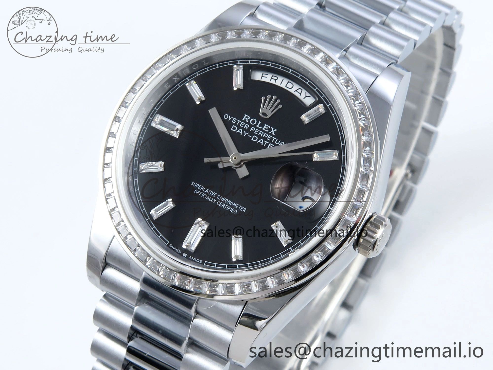 DayDate 40 SS QF 1:1 Best Edition Black Crystal Dial Diamonds Bezel on President Bracelet A2836 V5 (Gain Weight) Sporty 477