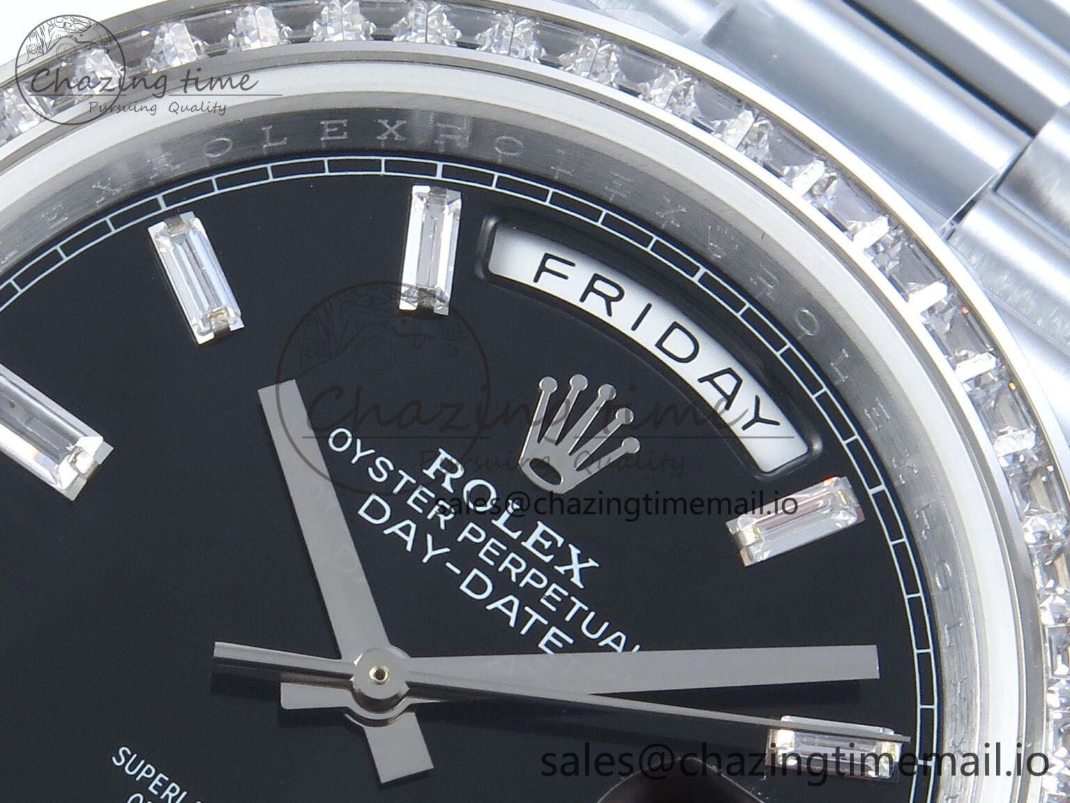 DayDate 40 SS QF 1:1 Best Edition Black Crystal Dial Diamonds Bezel on President Bracelet A2836 V5 (Gain Weight) Sporty 477