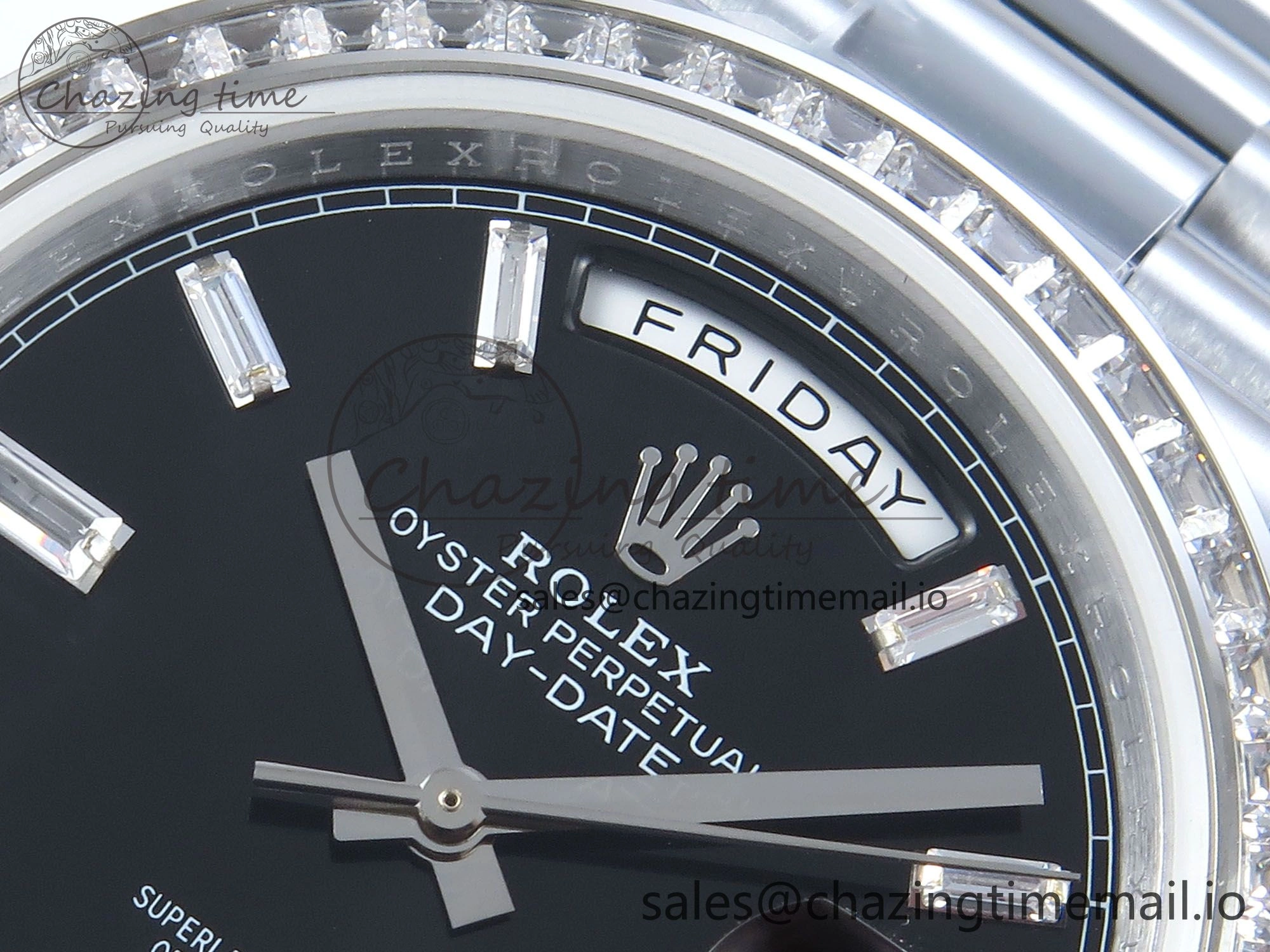 DayDate 40 SS QF 1:1 Best Edition Black Crystal Dial Diamonds Bezel on President Bracelet A2836 V5 (Gain Weight) Sporty 477