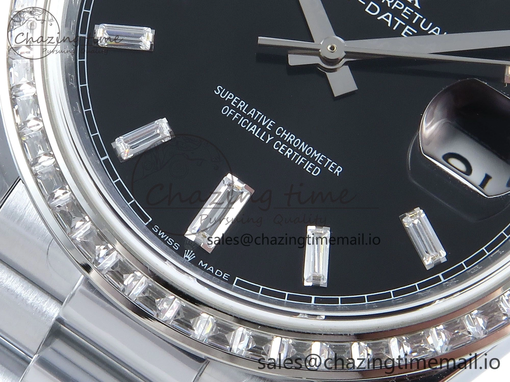 DayDate 40 SS QF 1:1 Best Edition Black Crystal Dial Diamonds Bezel on President Bracelet A2836 V5 (Gain Weight) Sporty 477