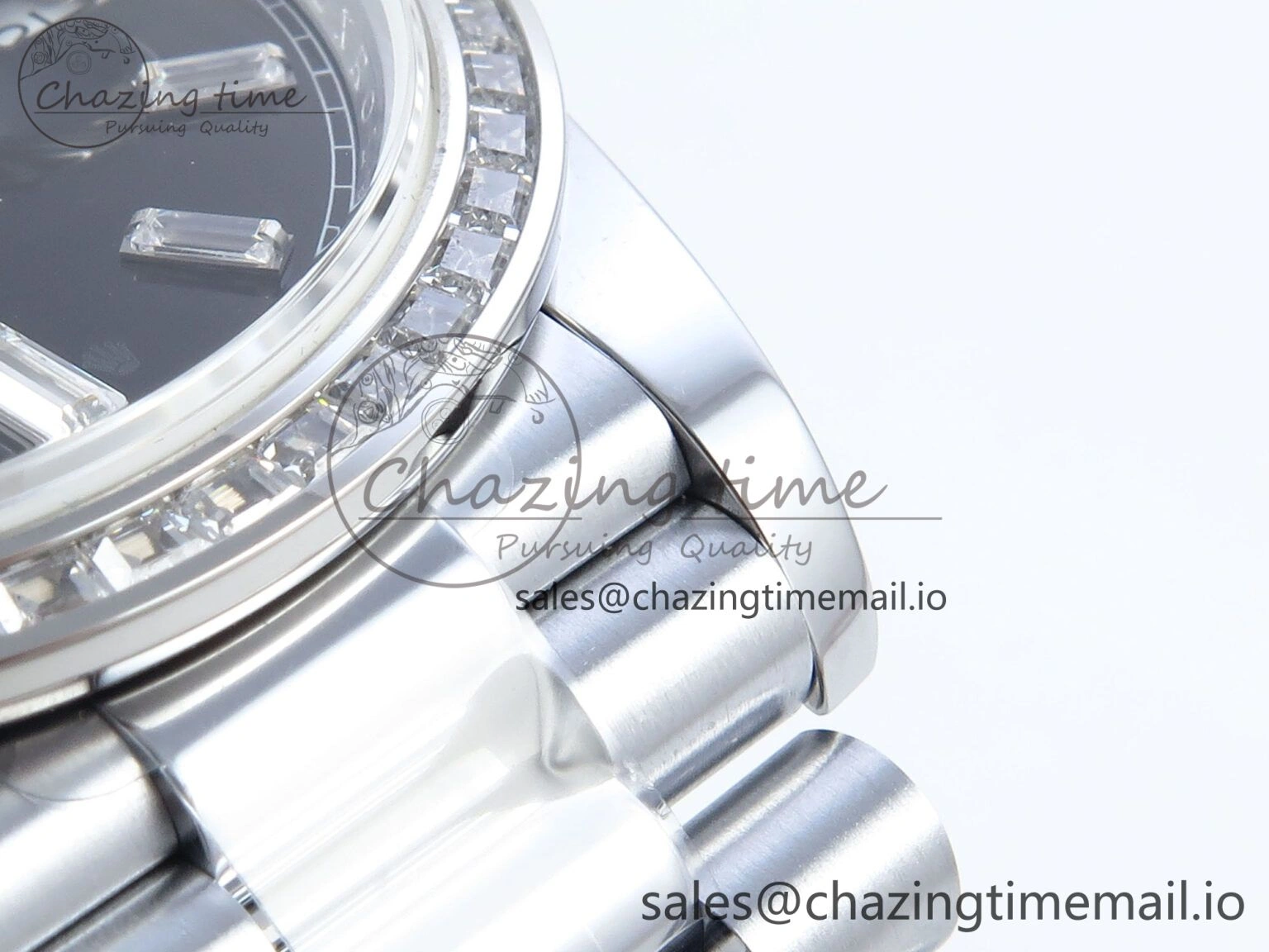 DayDate 40 SS QF 1:1 Best Edition Black Crystal Dial Diamonds Bezel on President Bracelet A2836 V5 (Gain Weight) Sporty 477