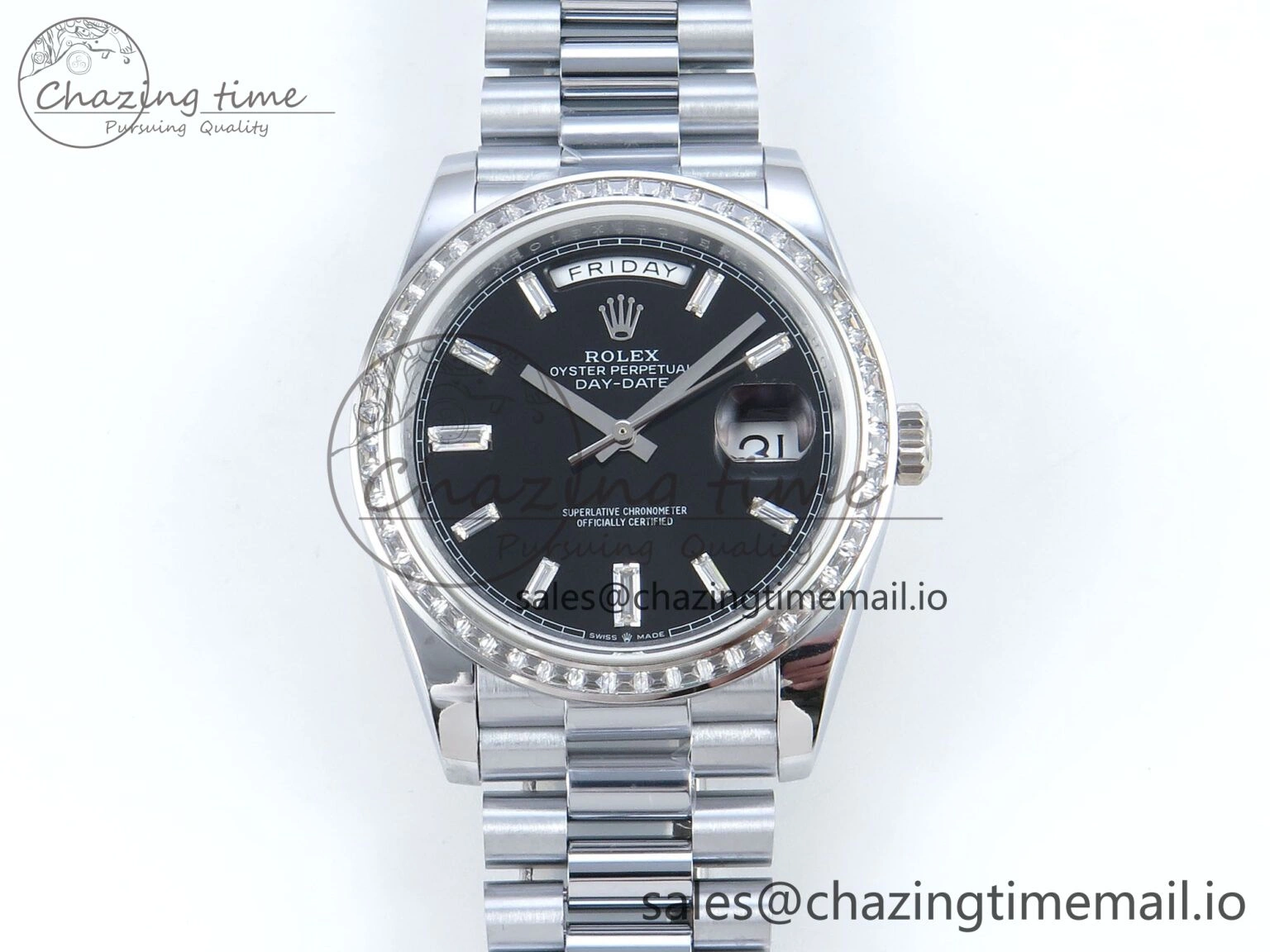 DayDate 40 SS QF 1:1 Best Edition Black Crystal Dial Diamonds Bezel on President Bracelet A2836 V5 (Gain Weight) Sporty 477